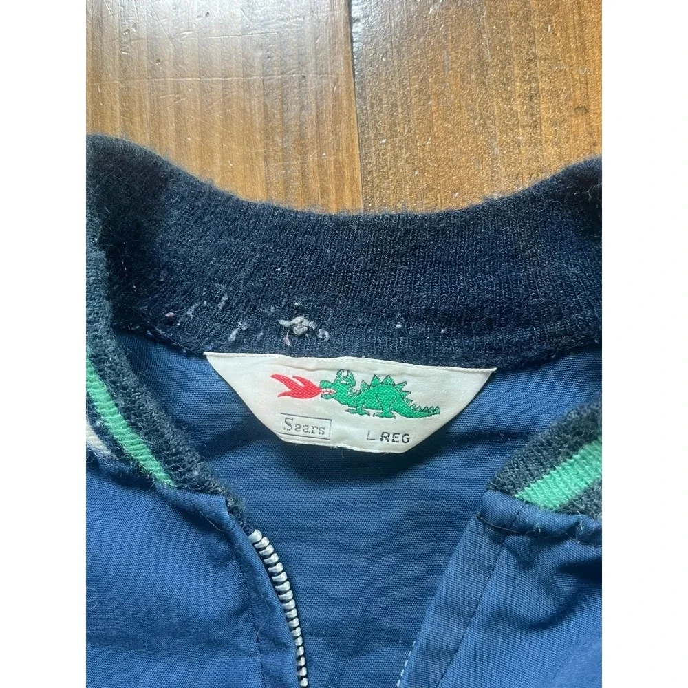 Vintage Sears Dragon Bomber Jacket Mens Large Navy Blue Full Zip Windbreaker 70s